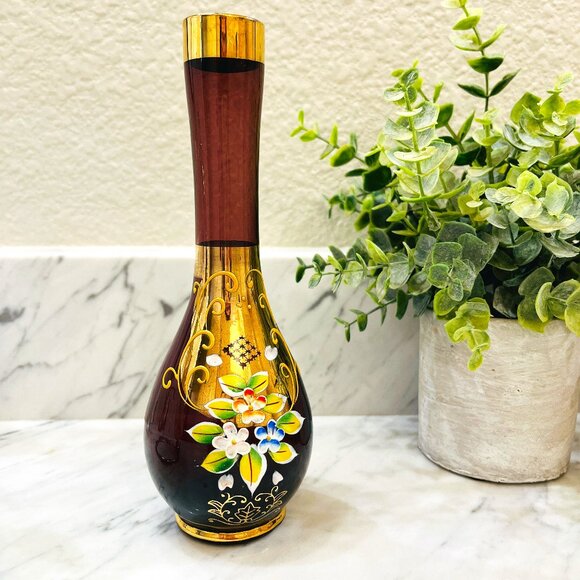 💰3/$15💰VTG  Hand painted amethyst floral bud vase bright gold - Picture 5 of 15